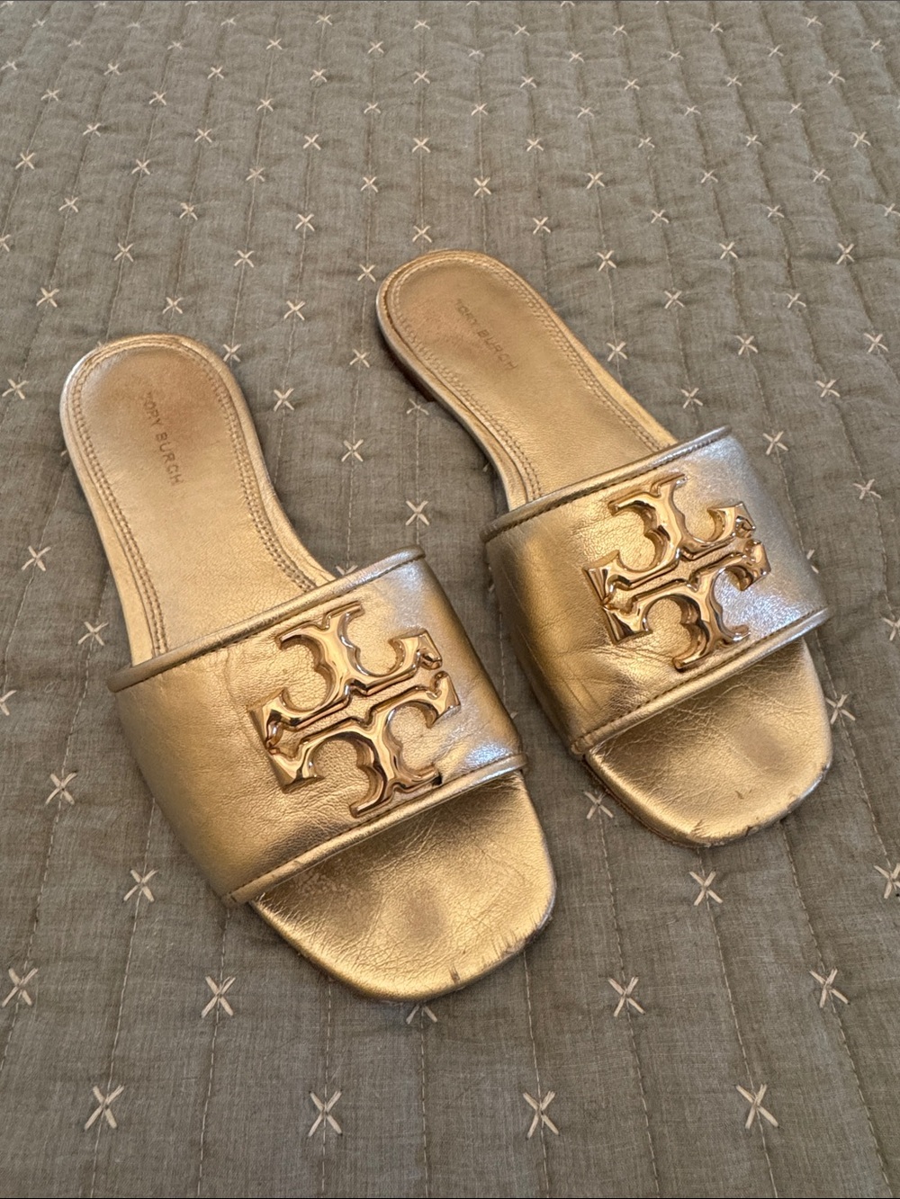 Tory Burch Metallic Gold Logo Slide Sandals
